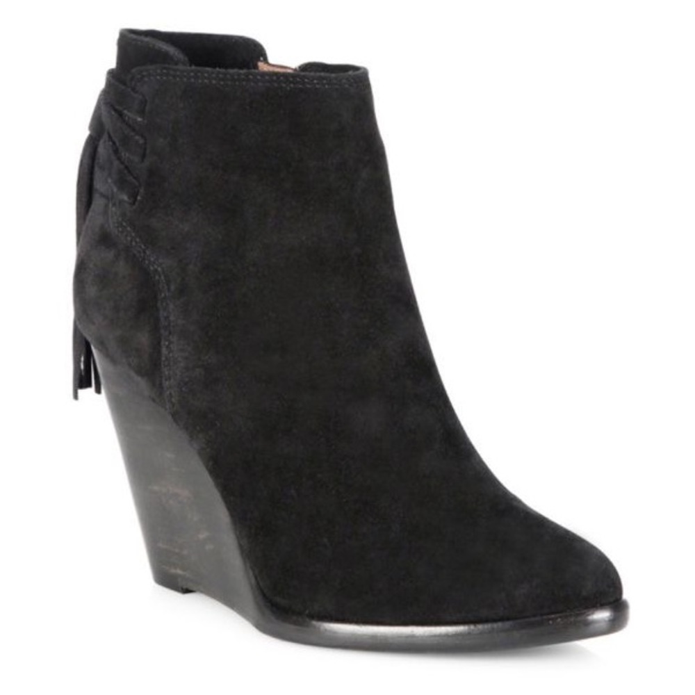 Nwt - FRYE - CeCe Tassel Lace Black Suede Stacked Wedge Heel Booties - Size 7.5M